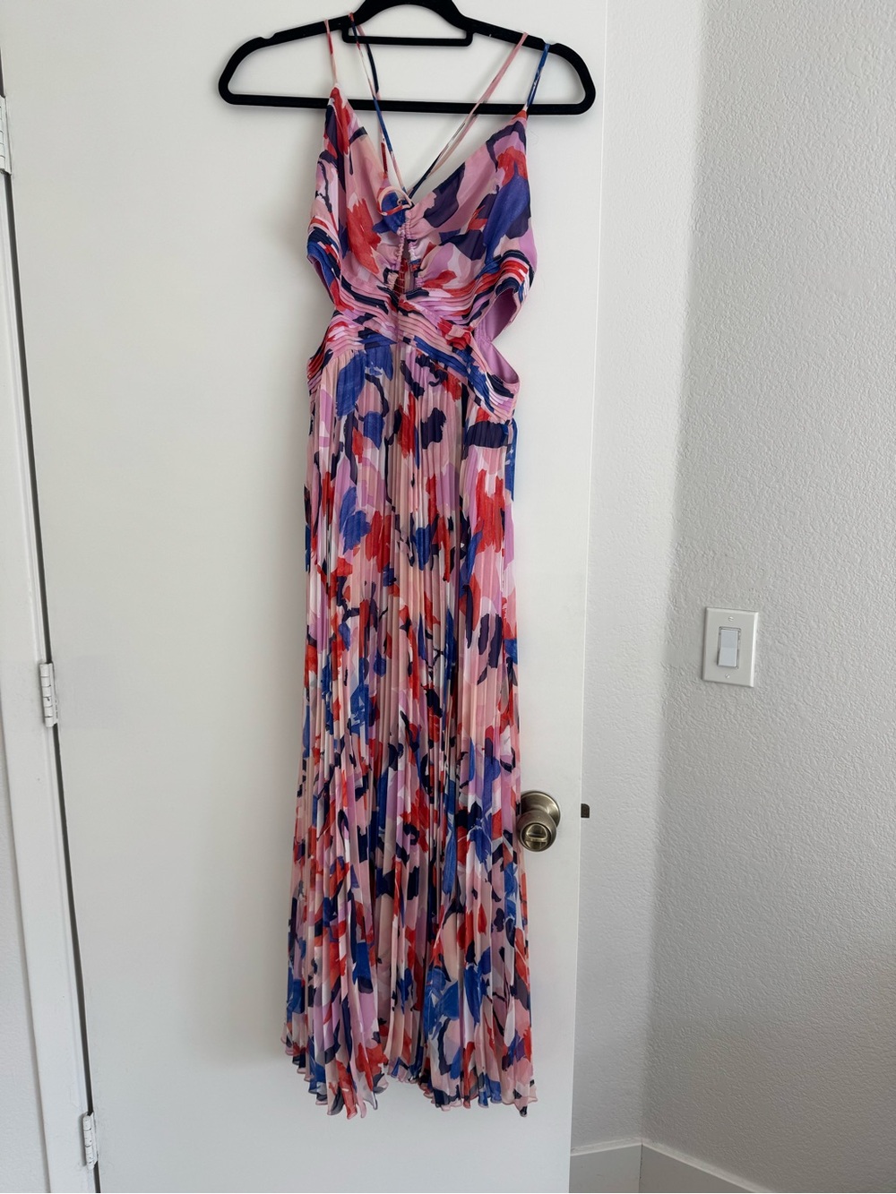 Astr Printed Pleated Maxi Dress in Pink, Blue and Red